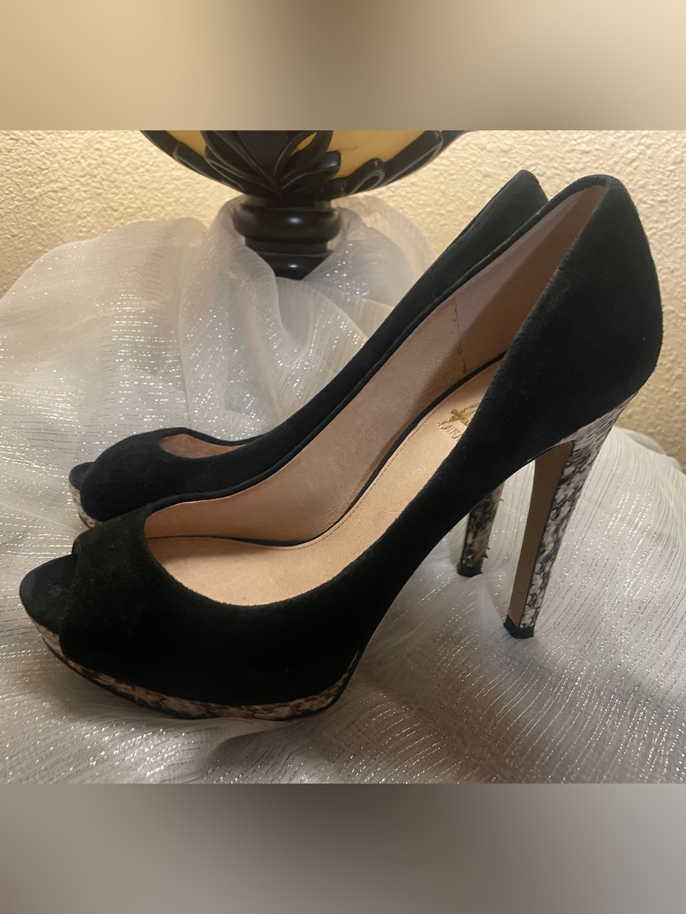 Joan & David Black Suede Peep-Toe Pumps with Patterned Heel